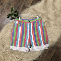 Vintage Class 955 Shorts Size 13/14 (Vintage Sizing, See Measurements, Measure About A Size 4 In Women's) Multicolor, Striped, High Rise, Cuffed, 4" Inseam Small Distressed Spot Beside The Zipper (Shown In Photo) Length: 16" Waist: 27" Inseam: 4" Rise: 13.5" Pet Friendly Home. I Live With A Smoker. My Items Are Laundered/Cleaned (Except Nwt Or Nwot), Sometimes Using Scented Laundry/Cleaning Products. Vintage Multicolor Bottoms For Spring, 90s Style Cotton Jean Shorts For Spring, Retro Striped Short Bottoms, Retro Striped Short-length Bottoms, Retro Cotton Jean Shorts For Summer, Vintage Multicolor Shorts For Summer, Retro High Waist Jean Shorts For Spring, Retro High Rise Summer Shorts, Retro Shorts For Spring