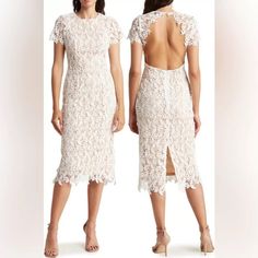 Nat Nsr Mia Lace Short Sleeve Dress. Perfect For Wedding Season! Fully Lined With Nude Colored Lining. Chic Cream Midi-length Lace Dress, Chic Cream Midi Lace Dress, Cream Knee-length Lace Dress, Midi Length Crochet Lace Dress, Chic Beige Knee-length Lace Dress, Fitted Cream Midi Dress With Lace Trim, Spring Fitted Midi Dress With Lace Back, Cream Lace Sheath Dress, Cream Fitted Midi Dress With Lace Trim