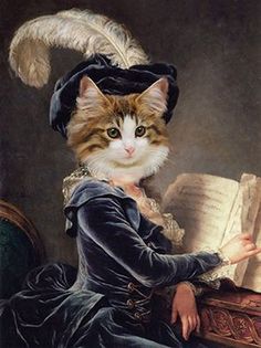 a painting of a cat wearing a hat and holding an open book