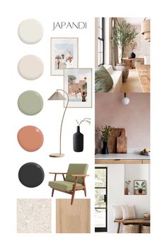 an interior design board with different colors and furniture