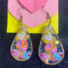 Colorful One Of A Kind Handmade Teardrop Candy Resin Earrings Handmade Colorful Teardrop Earrings, Handmade Multicolor Teardrop Earrings, Handmade Teardrop Resin Earrings, Artistic Multicolor Teardrop Earrings, Multicolor Teardrop Resin Earrings, Pink Yellow, Handcrafted Jewelry, Jewelry Crafts, Candy