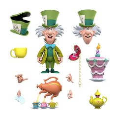 an assortment of cartoon characters with hats and teapots