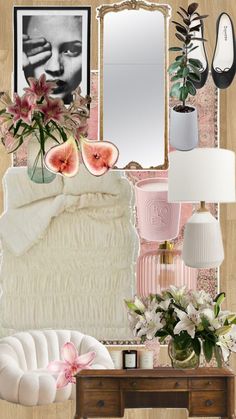 a collage with pink and white furniture, flowers, pictures, and other items