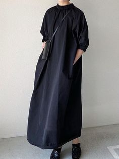 UOOZEE Black Casual Maxi Dress For Work, Black Solid Color Maxi Dress For Fall, Black Solid Maxi Dress For Workwear, Casual Black Long Sleeve Maxi Dress, Black Cotton Maxi Dress For Fall, Black Long Sleeve Maxi Dress For Summer, Oversized Black Cotton Dress, Oversized Long Sleeve Black Maxi Dress, Black Cotton Long Sleeve Maxi Dress