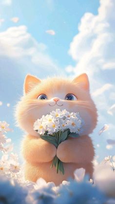 a cat with flowers in it's mouth standing on its hind legs and looking up at the sky