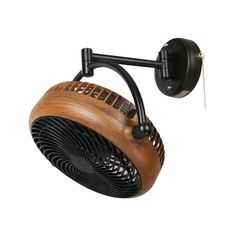 a wooden fan mounted on the side of a black wall light with an adjustable arm