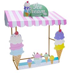 an ice cream stand with three scoops of ice cream on the top and two cones below it