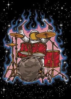 an image of a drummer playing drums in the space with fire coming out of his head