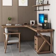 a desk with a computer on top of it next to a chair and other items