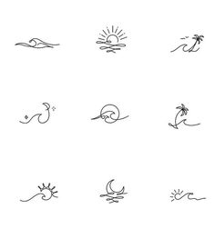 the different types of sun and water icons are shown in this set, with one line drawing