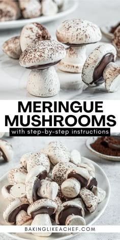 A batch of meringue mushrooms. Christmas Meringue Cookies, Log Cake Recipe, Christmas Meringue, Yule Log Cake Recipe, Log Cakes, Meringue Mushrooms, Edible Holiday Gifts, Christmas Yule Log, How To Make Meringue