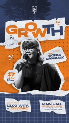 a woman talking on a cell phone while standing in front of a sign that says growth