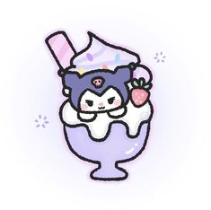 a drawing of an ice cream cone with a cat in it's arms and some fruit on top