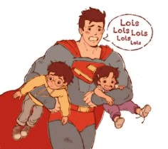 a man in a superman costume holding two small children and an adult with a speech bubble above his head