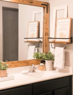 a bathroom sink with two framed pictures on the wall above it and plants in pots