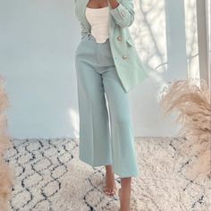 New With Tag Zara Woman Menswear Style Wide Leg Pants Color: Pastel Green / Blue Size: M Front Zipper Closure Approximate Measurement Across Waist: 14.5” Across Hip: 18” Rise: 13.5” Inseam: 24” Length: 37” Thank You For Stopping By #6 High Waist Blue Wide Leg Pants For Business Casual, Office Blue High Waist Wide Leg Pants, Tailored Bottoms With Pockets For Spring, Blue Wide Leg Straight Pants For Office, Spring Business Casual Pants With Welt Pockets, Spring Tailored Pants With Pockets, Tailored Pants With Pockets For Spring, Tailored Spring Pants With Pockets, Blue Wide Leg Pants With Pockets For Work