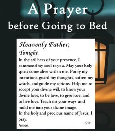 a prayer card with the words,'a prayer before going to bed'and an image of a lantern