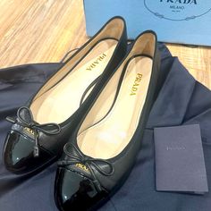 Authentic Prada Ballet Flats Worn Once Includes Box And Dusters For Shoes Soft Leather With A Patent Leather Toe Cute Flats Shoes For Women, Cute Flats Shoes, Cute Flats, Shoes Soft, Dusters, Flats Shoes, Prada Shoes, Shoes Color, Ballet Flat Shoes