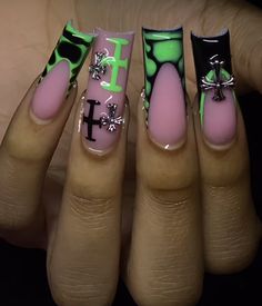 Green Nails For Black Women, Green Kaws Nails, Rap Concert Nails Ideas, Hood Nails, Monster Nails, Acrylic Toe Nails, Nails Coffin Short, Hard Nails, Girly Acrylic