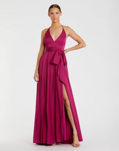 Charmeuse Halter Strap Soft Tie Waist Gown Silk Halter Neck Prom Gown, Floor-length Tie Back Gown For Gala, Satin V-neck Gown With Back Opening, Floor-length Halter Dress With Tie Back For Prom, Satin Gown With Tie Back For Gala, Magenta Gown, Box Pleated Skirt, Mac Duggal Dress, Charmeuse Fabric