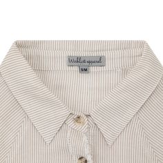 This stylish and unique button up features a classic off-white and tan striped design complemented by frayed ends on the sleeves. There are added pockets on the front. The perfect blend of sophistication and trendiness, this timeless top is sure to be a staple in your wardrobe! - Brand: Wishlist Apparel - 80% Rayon/20% Polyester - Hand Wash Cold/Lay Flay to Dry Cheap Cream Button-up Top, Luxury Beige Buttoned Tops, Luxury Cream Button-up Shirt, Luxury Cream Button-up Top, Affordable Cream Button-up Top, Button Up Top, Stripes Design, Button Up, Hand Wash