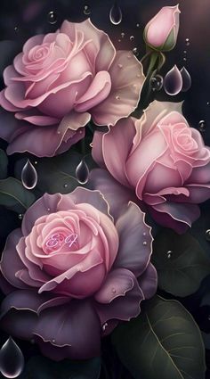 three pink roses with water droplets on them are shown in this painting by an artist