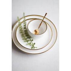 two plates with gold rims and green leaves on them, one has a spoon in it