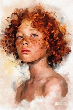 a watercolor painting of a woman's face with red hair and frizzy curls