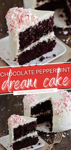 chocolate peppermint dream cake with white frosting and red sprinkles