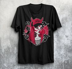 Original Yokai-Girl illustration by Alendra ♥ This tee is made of 100% ring-spun cotton and is soft and comfy. The double stitching on the neckline and sleeves add more durability to what is sure to be a favorite!   All our shirts are unisex and will fit all genders. - S: Length 28 Inches, Width 18 Inches - M : Length 29 Inches, Width 20 Inches - L: Length 30 Inches, Width 22 Inches - XL: Length 31 Inches, Width 24 Inches - 2XL: Length 32 Inches, Width 26 Inch - 3XL: Length 33 Inches, Width 28 I Harajuku Crew Neck Shirt With Graphic Design, Harajuku Short Sleeve Shirt With Graphic Design, Harajuku Style Short Sleeve Graphic Shirt, Red Anime Graphic T-shirt, Harajuku Graphic Design Shirt For Streetwear, Harajuku Style Graphic Shirt For Streetwear, Anime Graphic Tops For Fan Merchandise, Anime Graphic Design Tops For Fans, Harajuku Style Graphic T-shirt For Fan Merchandise