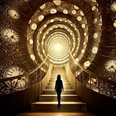 a person walking up some stairs with clocks on the wall and lights in the ceiling