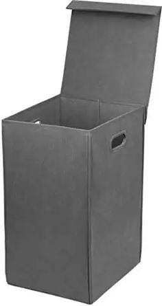 a gray storage box with the lid open and it's bottom opened to reveal an empty bin