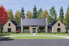 this is an artist's rendering of a house in the country side with trees surrounding it