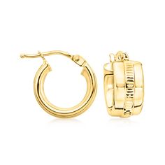 Ross-Simons - Italian 10kt Yellow Gold Huggie Hoop Earrings. 1/2". Canaria fine jewelry. Perfect for everyday wear, these genuine 10kt gold wardrobe essentials are fashionable, fun and designed to last a lifetime. Strong and durable, our collection of gold classics is always a great value. These 10kt yellow gold huggie hoop earrings from Italy feature textured and polished finishes and a subtle striped design. Hanging length is 1/2". Snap-bar, 10kt yellow gold huggie hoop earrings. Gold Wardrobe, Gold Huggie Hoop Earrings, Gold Piece, Be Confident, Huggie Hoop Earrings, Jewelry Earrings Hoops, Affordable Luxury, Precious Metal, Huggies Earrings