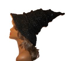 Awesome crochet witches hat. Great piece to add to your Halloween costume, to wear to festivals or to wear to your next wiccan event.  Can be worn by men or women or given as a gift to your favorite witchy person. Created with double strand black with gold threading acrylic yarn. Hand wash with a mild detergent and lay flat to dry. 18" from brim to point of hat fits most adults Black Witchy Hat With Curved Brim, Witchy Brimmed Winter Hats, Black Witchy Hat For Halloween, Witchy Adjustable Winter Hats, Black Brimmed Halloween Hat, Black Brimmed Witchy Hat, Black Witchy Brimmed Hat, Black Brimmed Hat For Halloween, Halloween Mini Cap Hats