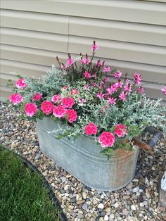 pink flowers are in a metal container on the ground next to rocks and gravel near a house