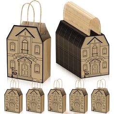 six brown paper bags in front of each other with an image of a house on them