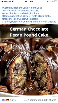 a cake with chocolate icing and pecans on top is featured in this post