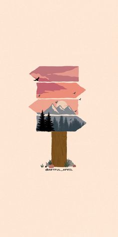 a poster with mountains and trees on it