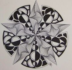 a black and white drawing of an abstract design with circles, lines, and shapes