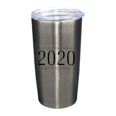 a stainless steel tumbler cup with the words, jefferson and sherman 2020 on it