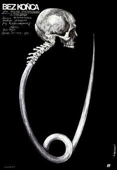 a black and white drawing of a human skull with long, curved bones on it's head