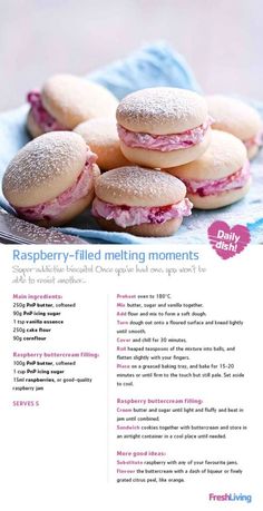 the recipe for raspberry filled melting moments is displayed on a plate with pink frosting