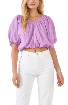 This perfectly puffed blouse is crafted from crisp poplin in a cool cropped fit. V-neck Short sleeves Lined 100% cotton Hand wash, dry flat Imported Puff Blouse, Rose Purple, Bubble Hem, Blouse Nordstrom, Crop Blouse, Color Purple, Lilac, Ruffle Blouse, Crop Top