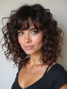 27 Layered Shag Haircuts with Fringe for Every Face Shape Long Dark Hair With Fringe Bangs, Curly With Fringe, Curly Shag Side Part, Fringes For Curly Hair, Curly Hair With Straight Fringe, Curly Hairstyles Fringe, Shaggy Haircuts For Thinning Hair, Curly Bob With Fringe Fine Hair, Curly Hair With Fringe Bangs Round Face