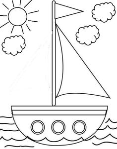 a sailboat floating in the ocean with clouds and sun above it, coloring page