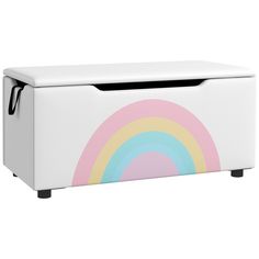 a white toy chest with a rainbow design on the front and bottom panel, along with black handles