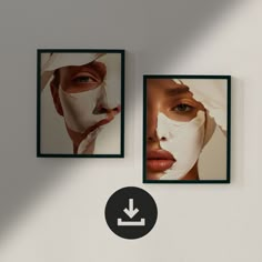 two frames with pictures of woman's face, one has a sheet of paper on it