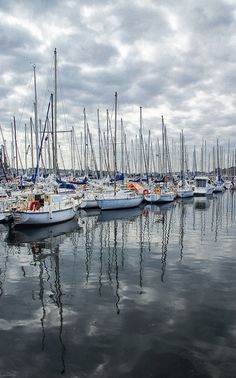 many boats are docked in the water on a cloudy day