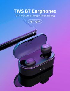 two earphones sitting next to each other on top of a purple and blue background